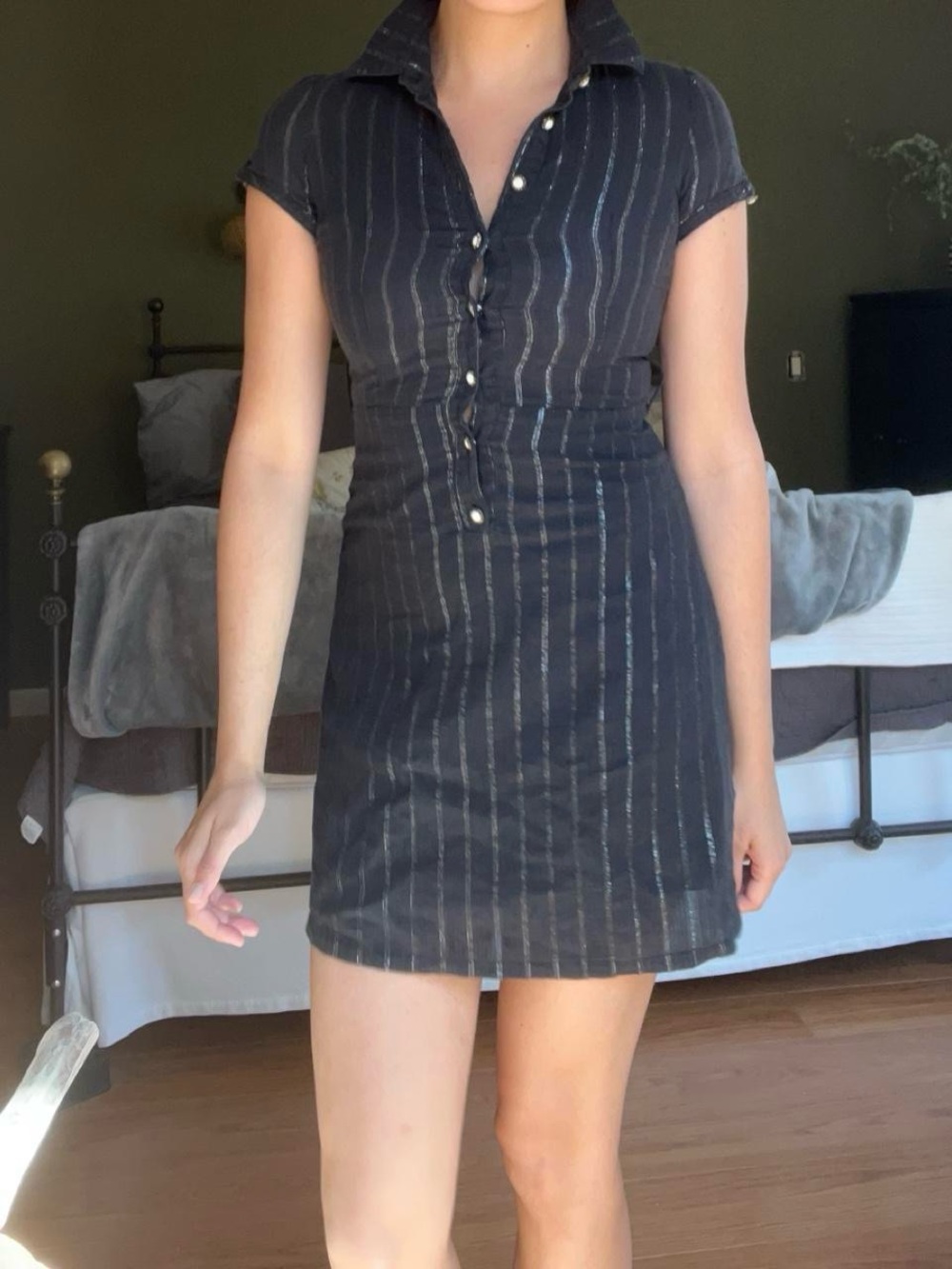 Black Short-Sleeve Button-Front Polo Dress